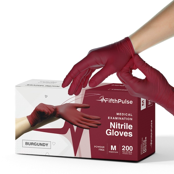 Quinto pulso FMN100, Guantes desechables de nitrilo, 3 mil Palm, Nitrilo, sin polvo, M, 200 PK, Borgoña - FP-N-200-M-BRG