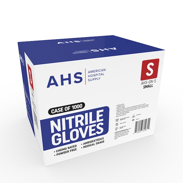 Guantes de examen de nitrilo de American Hospital Supply, palma de 3.5 mil, acrílico, sin polvo, talla S, paquete de 1000 unidades, color azul - AHS-GN-S_CS