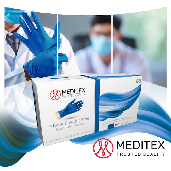 Meditex Meditex G5, Guantes de Examen de Nitrilo, 4 mil en la Palma, Nitrilo, sin Polvo, XS, Paquete de 100, Azul Oscuro - XS