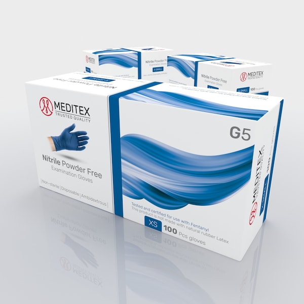 Meditex Meditex G5, Guantes de Examen de Nitrilo, 4 mil en la Palma, Nitrilo, sin Polvo, XS, Paquete de 100, Azul Oscuro - XS