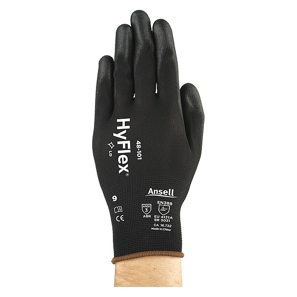 Guantes recubiertos Ansell Hyflex, poliuretano, sumergidos, recubrimiento de palma, nivel de abrasión ANSI 3, color negro, tamaño grande, 1 par - 48-101
