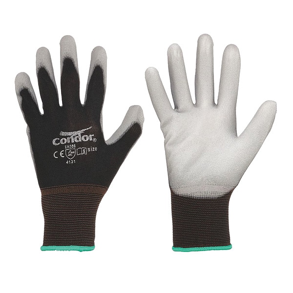 Guantes Recubiertos de Cóndor, Poliuretano, Nailon, Lisos, Nivel de Abrasión ANSI 3, Talla Mediana, 1 Par - 56JK83