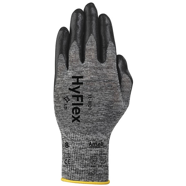 Ansell Hyflex, Guantes recubiertos de nitrilo espumoso, cobertura en la palma, negro, Nivel de abrasión 3, Grande (Talla 9), 1 par - 11-801