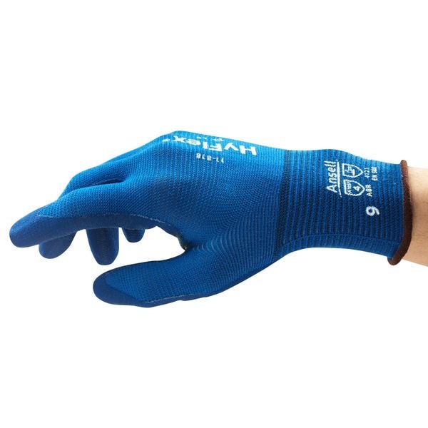 Guantes recubiertos de nitrilo espumado Ansell, cobertura en la palma, color azul, talla 9, par - 11-818