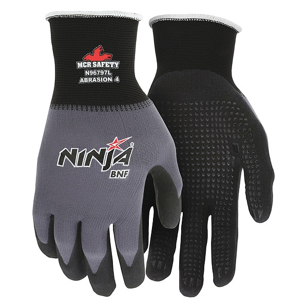 Guantes recubiertos de nitrilo con espuma de seguridad Mcr, cobertura en la palma, negro/gris, tamaño M, par - N96797M