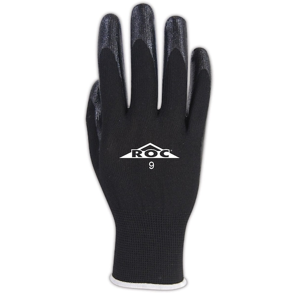Guantes de punto de poliéster negros Magid ROC GP161 con recubrimiento de palma de nitrilo negro, paquete de 12 - GP161-9
