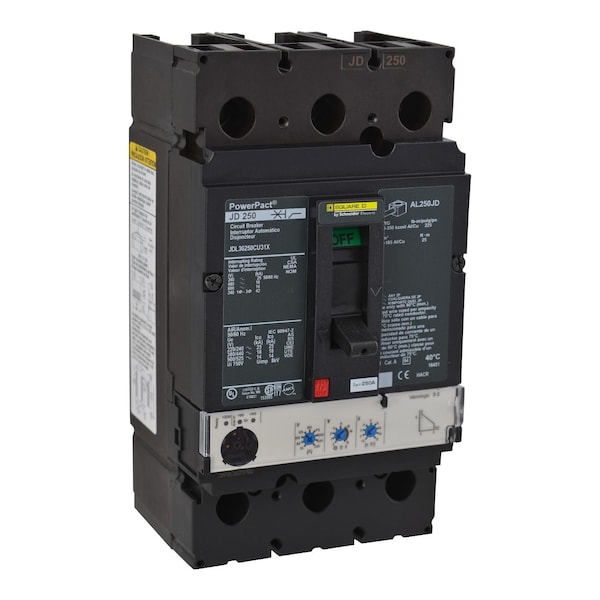 Square D Molded Case Circuit Breaker, JDL Series, 250A, 3 Pole, 600V AC, 25kA at 240V AC - JDL36250CU31X