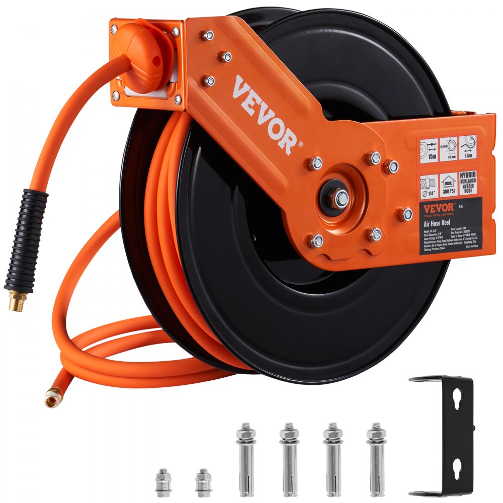 VEVOR Retractable Air Hose Reel, 3/8 IN x 50 FT Hybrid Air Hose Max 300PSI, Air Compressor Hose Reel with 5 ft Lead in, Ceiling / Wall Mount Heavy Duty Single Arm Steel Reel - KFSKQRGJ50384B5N3V0