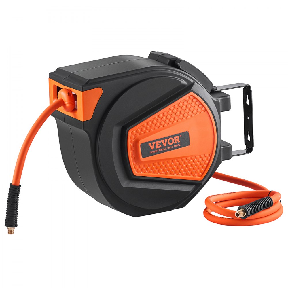 VEVOR Retractable Air Hose Reel, 3/8 IN x 50 FT Hybrid Air Hose Max 300PSI, Air Compressor Hose Reel with 5 ft Lead in, Ceiling / Wall Mount Enclosed Air Reel, 180° Swivel Mount - FBSKQRGJP5038LZ3BV0