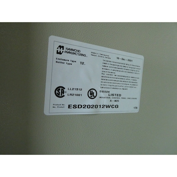 Hammond Steel Electrical Enclosures, 20 in H, 12 in D, 20 in W - ESD202012WCG