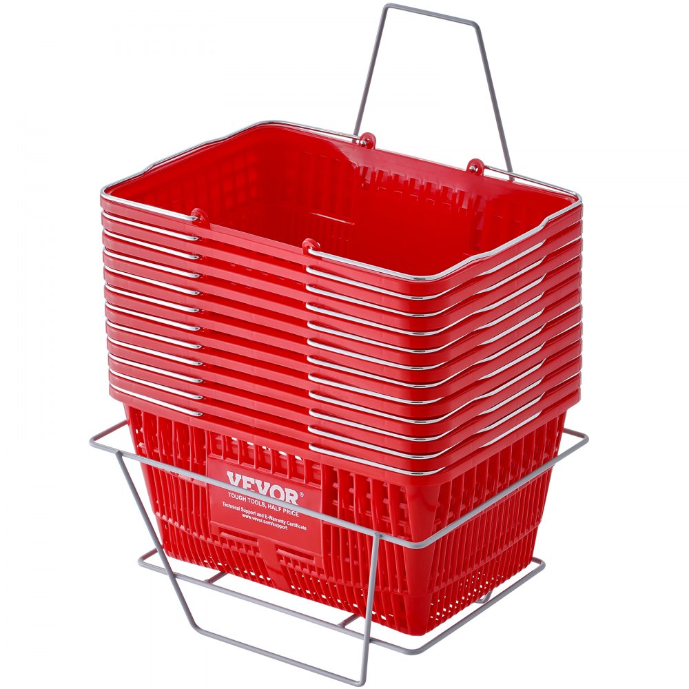 VEVOR Shopping Basket, Set of 12, 21L Durable Plastic Grocery Basket with Metal Handle and Stand, 16.73 x 12.01 x 8.58 inch Portable Shop Basket Used for Retail Store Supermarket Grocery Shopping, Red - GXSBSSLGWLHS3TB5BV0