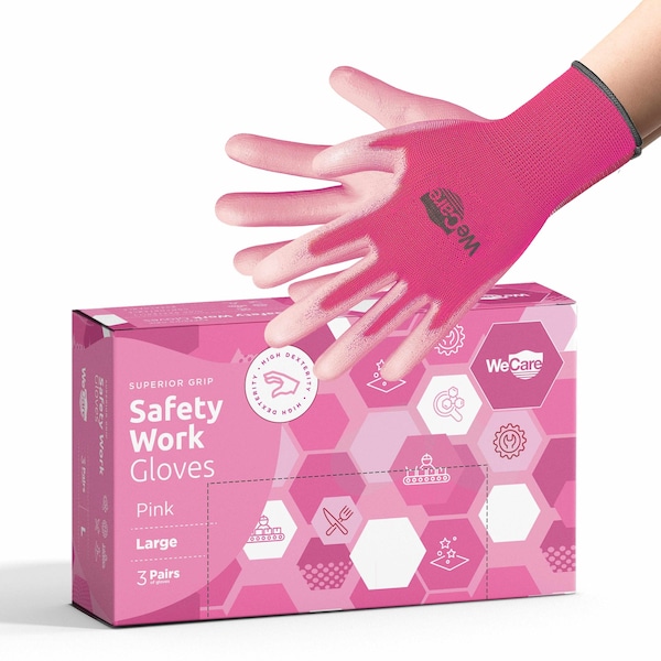 Guantes de trabajo de seguridad Wecare recubiertos de PU, agarre superior tamaño grande, 3 pares, rosa, 3PK - WMN100218
