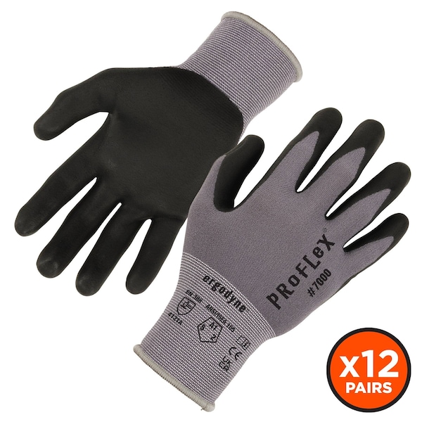 Guantes con revestimiento de nitrilo y palma de microespuma Proflex de Ergodyne, 12 pares, gris, tamaño S - 7000-12PR