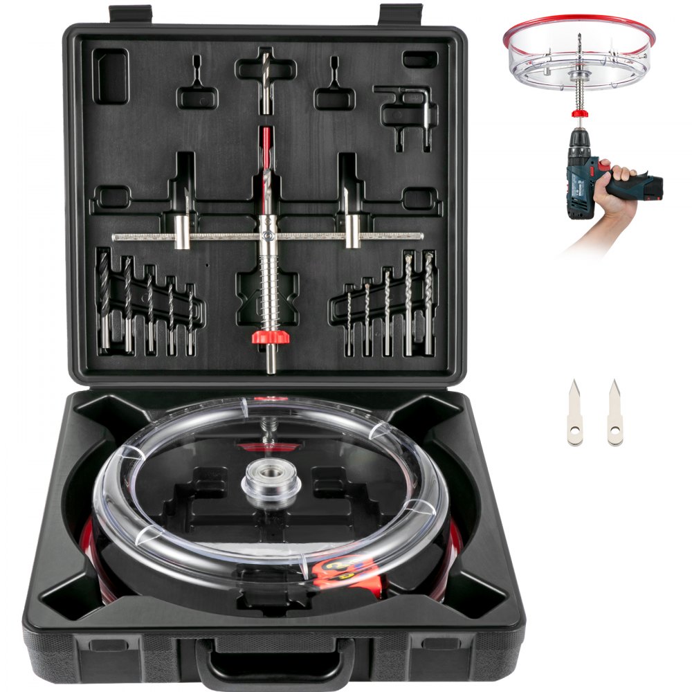 VEVOR Adjustable Hole Saw Cutter Kit, 1-5/8" to 11-13 /16" (40-300 mm), Recessed Hole Saw with PC Dust Shield, Two Replaceable Pilot Drill Bits, for Recessed Lights, Ceiling Speakers, Vent Holes - FJKK1581113166YC0V0