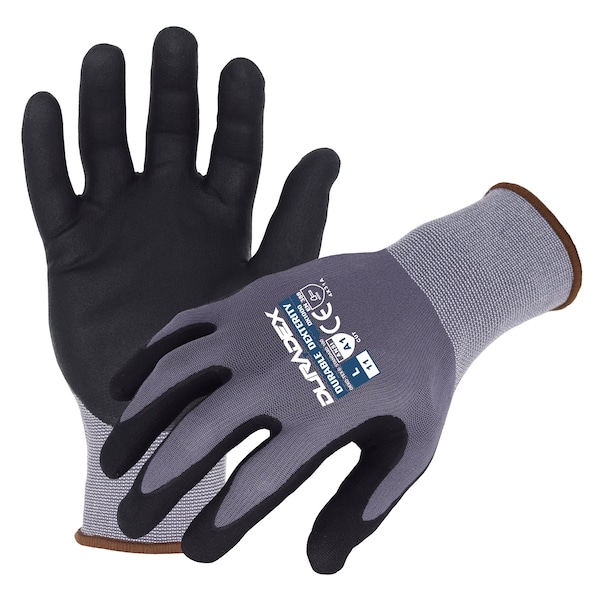 Guantes de trabajo de Nylon/Spandex gris de 15 ga. con recubrimiento de palma de Nitrilo negro, Azusa Safety Duradex, Talla S - DX1000.