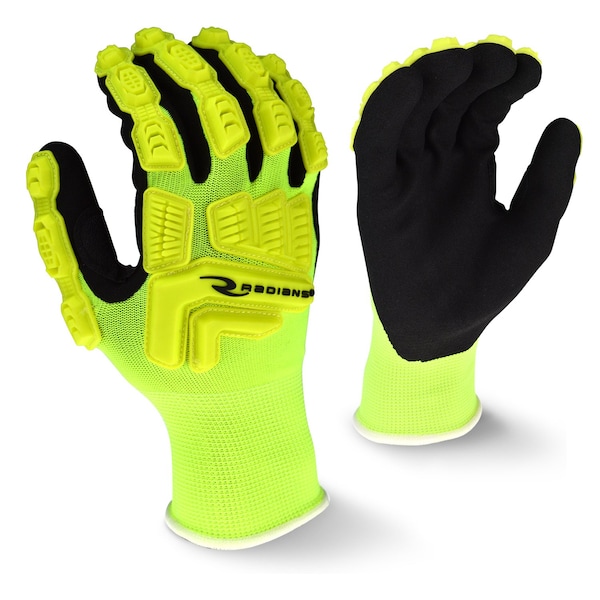 Guantes recubiertos de impacto Radians Nitrile Hi-Vis, cobertura en la palma, negro/amarillo, XL, par - RWG21XL