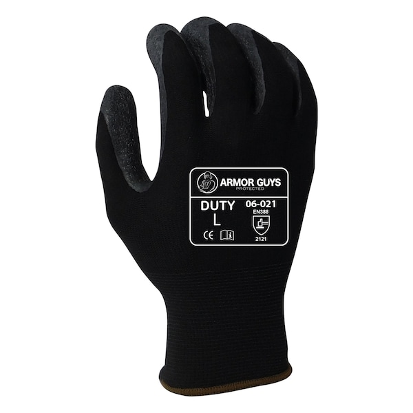 Guantes de protección Armor Guys 13g, forro de nylon negro con recubrimiento negro de látex arrugado en la palma, talla grande, paquete de 12 unidades - 06-021-L
