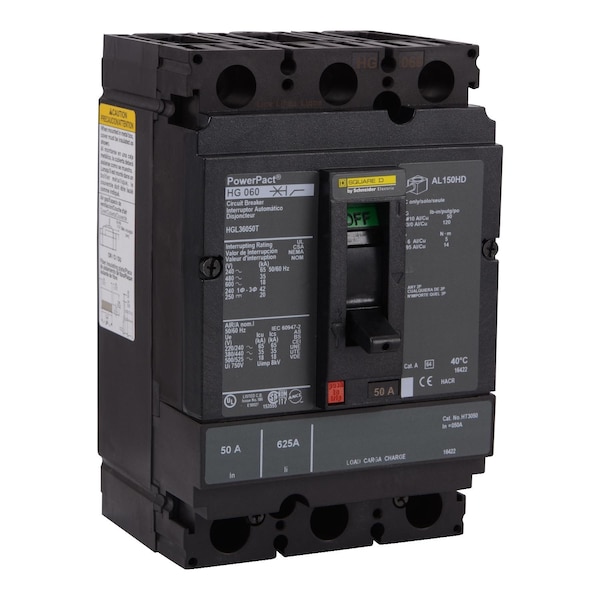 Square D Molded Case Circuit Breaker, HGL Series, 50A, 3 Pole, 600V AC, 65kA at 240V AC - HGL36050T