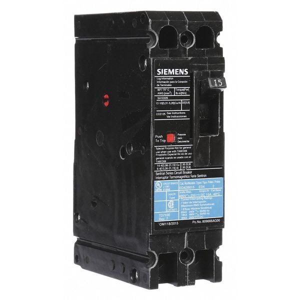 Siemens Molded Case Circuit Breaker, ED4 Series, 15A, 2 Pole, 480V AC, 18kA at 480V AC - ED42B015