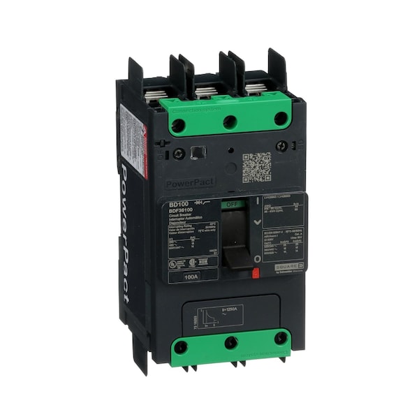 Schneider Electric Molded Case Circuit Breaker, BDA Series, 100A, 3 Pole, 347/600V AC, 25kA at 240V AC, B Curve - BDF36100