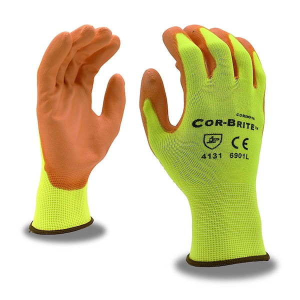 Guantes tejidos a máquina recubiertos de poliuretano Cordova, Cor-Brite, amarillos, talla L, 12 piezas - 6901L