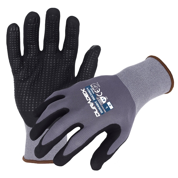 Guantes de trabajo Azusa Safety Duradex de Nylon/Spandex gris de calibre 15, recubrimiento de palma punteado de nitrilo negro, M - DX1020