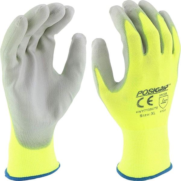 Equipo de Protección West Chester con recubrimiento de palma de PU gris para pantalla táctil, guantes recubiertos con concha de nailon amarillo de alta visibilidad, tamaño grande - HVY713SUTS/L