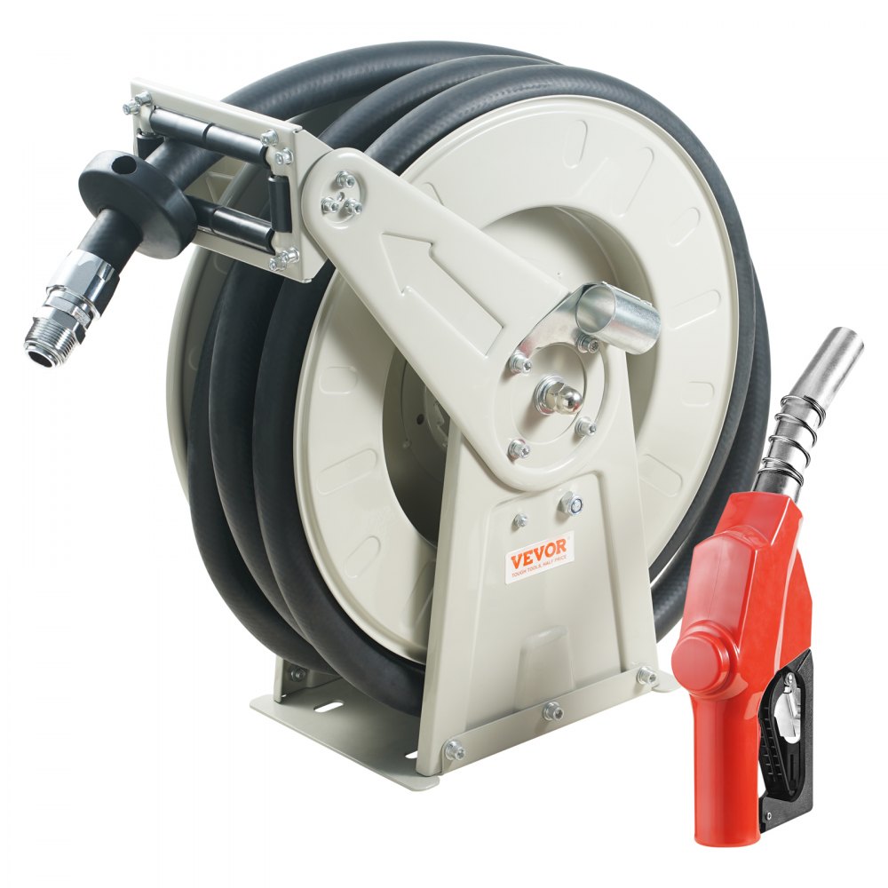 VEVOR Fuel Hose Reel, 3/4" x 66', Extra Long Retractable Diesel Hose Reel, Heavy-Duty Carbon Steel Construction with Automatic Fuel Nozzle, NBR Rubber Hose for Aircraft Ship Vehicle Tank Truck, 300PSI - CYRG66FT1INCHA9Q2V0
