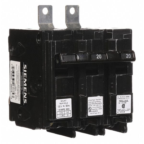 Siemens Miniature Circuit Breaker, BL Series, 20A, 2 Pole, 120/240V AC, 22kA at 120/240V AC - B220H00S01