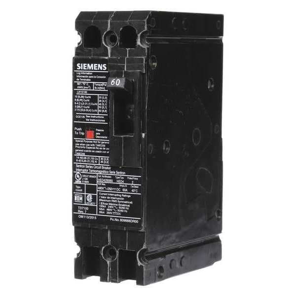 Siemens Molded Case Circuit Breaker, HED4 Series, 60A, 2 Pole, 480V AC, 42kA at 480V AC - HED42B060