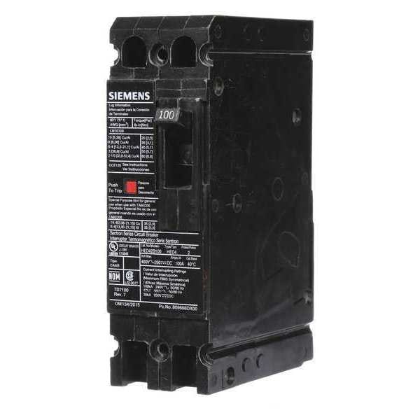 Siemens Molded Case Circuit Breaker, HED4 Series, 100A, 2 Pole, 480V AC, 42kA at 480V AC - HED42B100