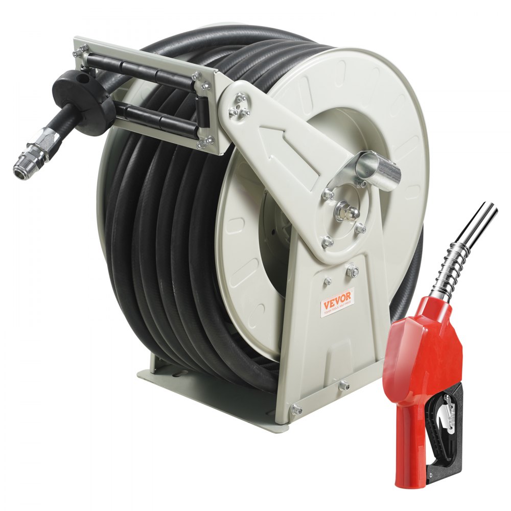 VEVOR Fuel Hose Reel, 1" x 50', Extra Long Retractable Diesel Hose Reel, Heavy-Duty Carbon Steel Construction with Automatic Fuel Nozzle, NBR Rubber Hose for Aircraft Ship Vehicle Tank Truck, 300 PSI - CYRGJP50FT1IL07HKV0