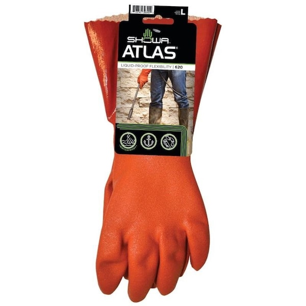 Guantes recubiertos Showa Atlas, L, 12 pulgadas de longitud, puño de guardabrazo, guante de PVC, naranja - 620L-09.RT