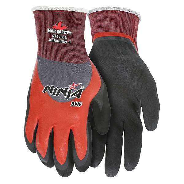 Guantes recubiertos de nitrilo con espuma de seguridad Mcr, cobertura de inmersión 3/4, negro/naranja, L, par - N96783L