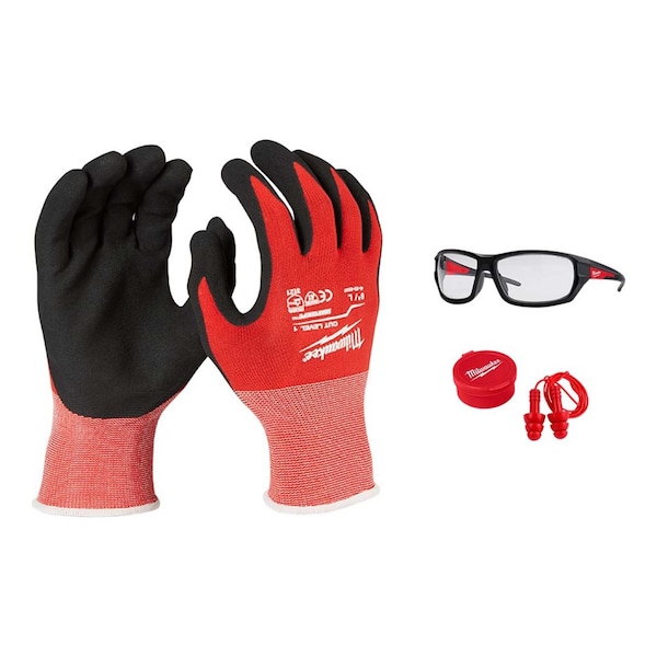 Guantes Milwaukee Tool con nivel de corte 1 recubiertos de nitrilo, gafas EXTRA y 3 pares de tapones para oídos - 48-22-8902, 48-73-2020, 48-73-3151