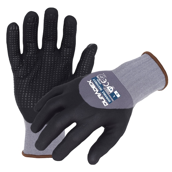 Guantes de trabajo de nylon/ spandex 15 ga.Gray Duradex de Azusa Safety, recubrimiento de nitrilo negro 3/4 y palma punteada, talla S - DX1060.
