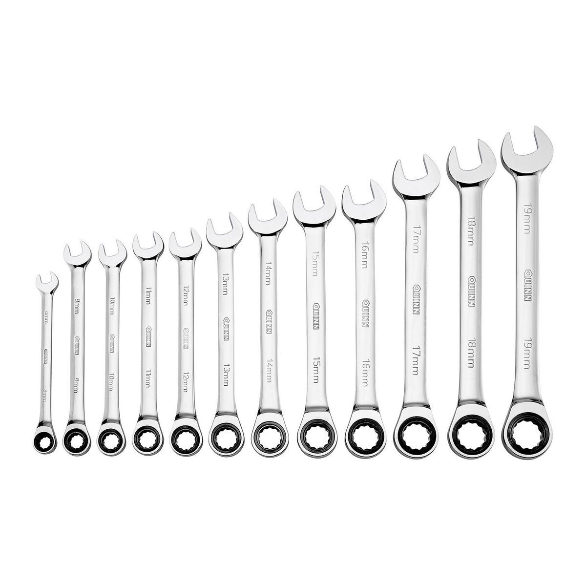 Juego de Llaves Combinadas de Trinquete Métricas de 100 Dientes Quinn, 12 Piezas - 58756