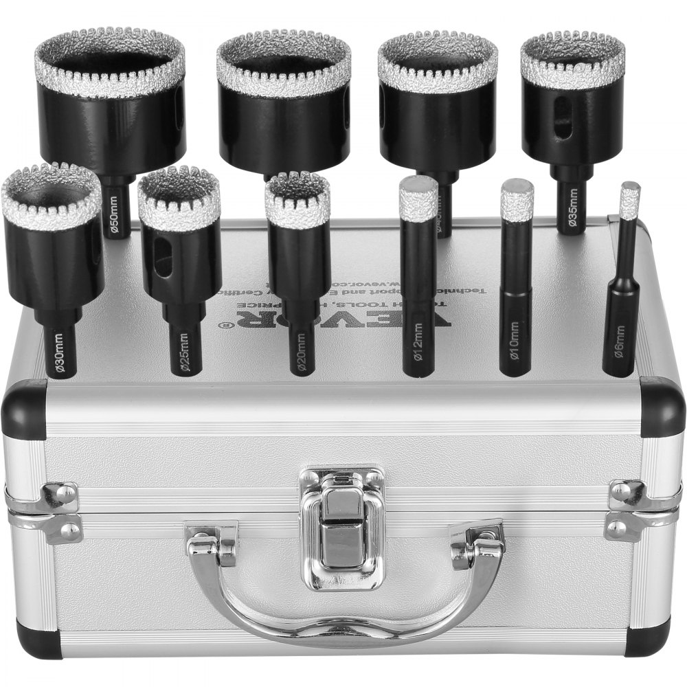 VEVOR Diamond Core Drill Bit Set, 10 PCS 6/10/12/20/25/30/35/40/45/50mm Diamond Hole Saw Kit, Triangular Shank, with Storage Case, for Dry and Wet, Diamond Drill Bits for Ceramic Tile Porcelain - JGSKZT610122LUC1AV0