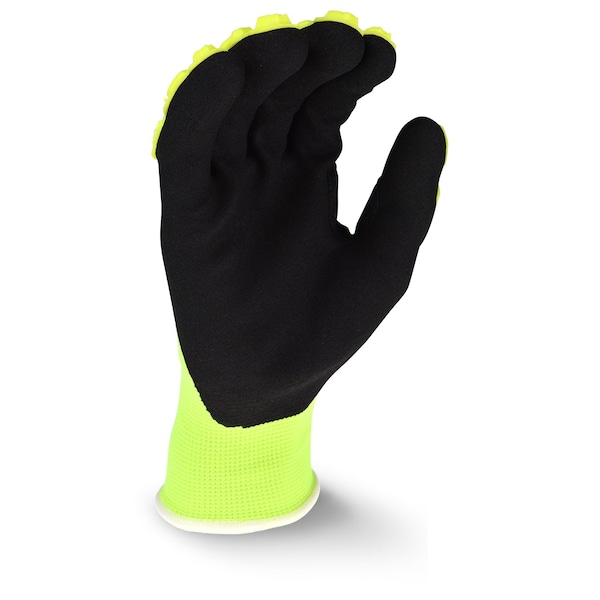 Guantes recubiertos de impacto de nitrilo Radians Hi-Vis, cobertura en la palma, negro/amarillo, S, par - RWG21S