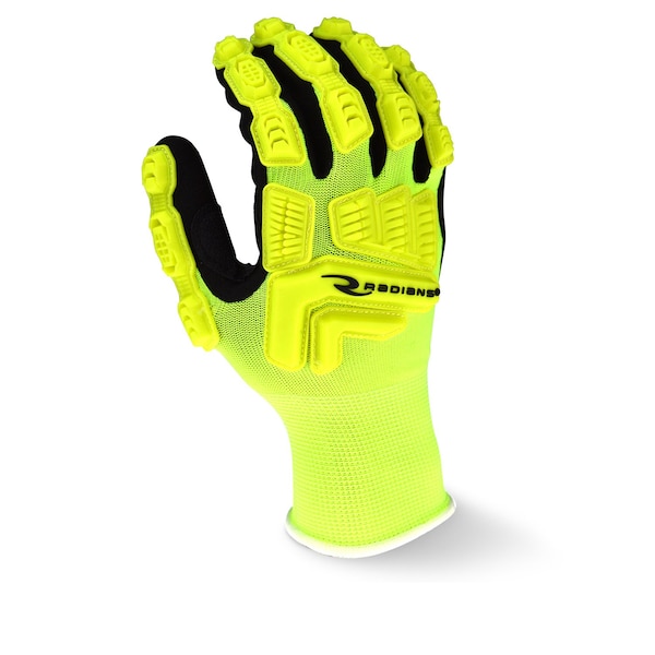 Guantes recubiertos de impacto de nitrilo Radians Hi-Vis, cobertura en la palma, negro/amarillo, S, par - RWG21S