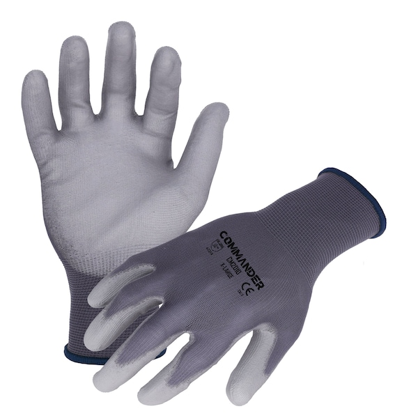 Guantes de trabajo de Nylon de 13 ga. con recubrimiento de palma de poliuretano, color gris, tamaño L - CM2010 de Azusa Safety Commander.