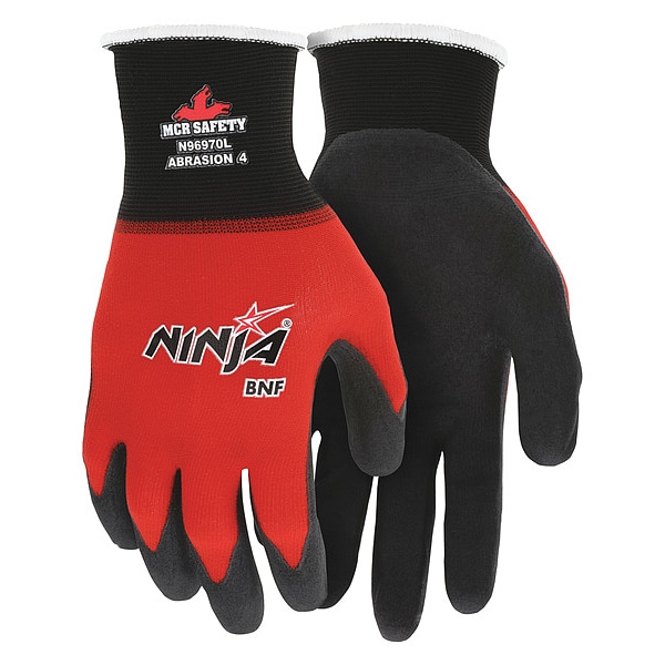 Guantes recubiertos de nitrilo espumado Mcr Safety, cobertura en la palma, negro/rojo, talla L, par - N96970L