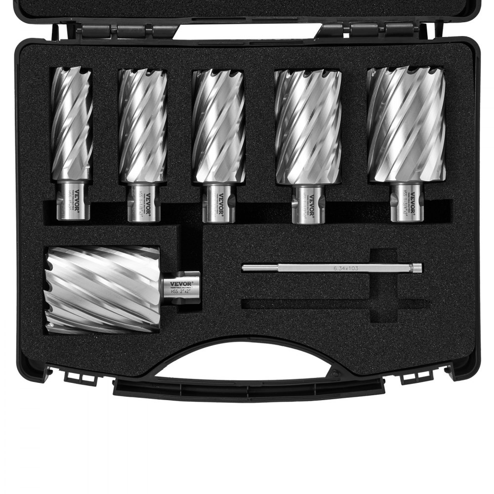 VEVOR Annular Cutter Set, 6 pcs Universal Shank Mag Drill Bits, 1" to 2" Cutting Diameter, 2" Cutting Depth, M2AL High-Speed Steel, with 2 Pilot Pins and Portable Case, for Using with Magnetic Drills - GSGTZYC6J2TYHABQCV0