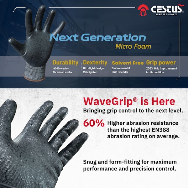 Cestus C-11 Elite, Guantes de Trabajo Recubiertos con Espuma Nitrilo WaveGrip Avanzada, Pantalla Táctil, Talla S - C11e-S