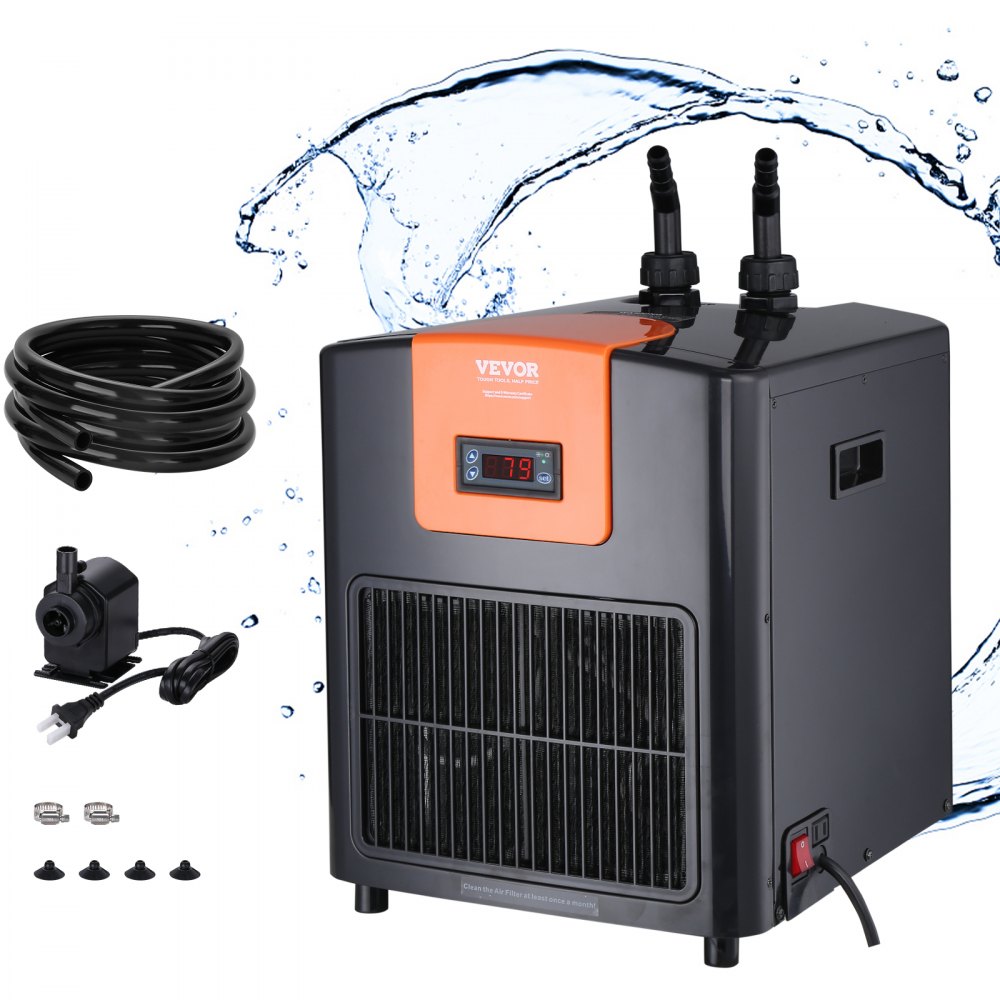 VEVOR Aquarium Chiller, 92 Gal 348 L, 1/4 HP Hydroponic Water Chiller, Quiet Refrigeration Compressor for Seawater and Fresh Water, Fish Tank Cooling System with Pump/Hose, for Jellyfish, Coral Reef - HWQLQQJR025HPISABV1