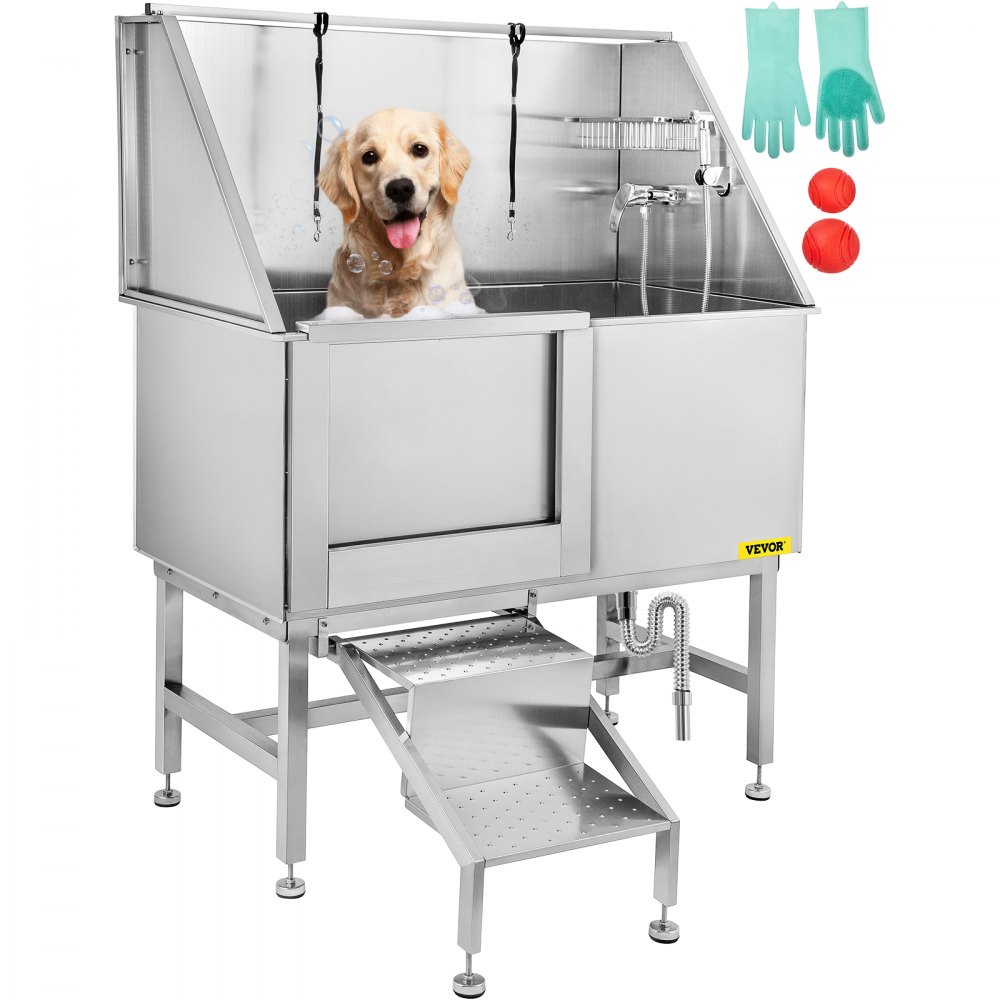 VEVOR 50 Inch Dog Grooming Tub, Professional Stainless Steel Pet Dog Bath Tub, with Steps Faucet & Accessories Dog Washing Station Left Door - CWMRYG00000000001V0