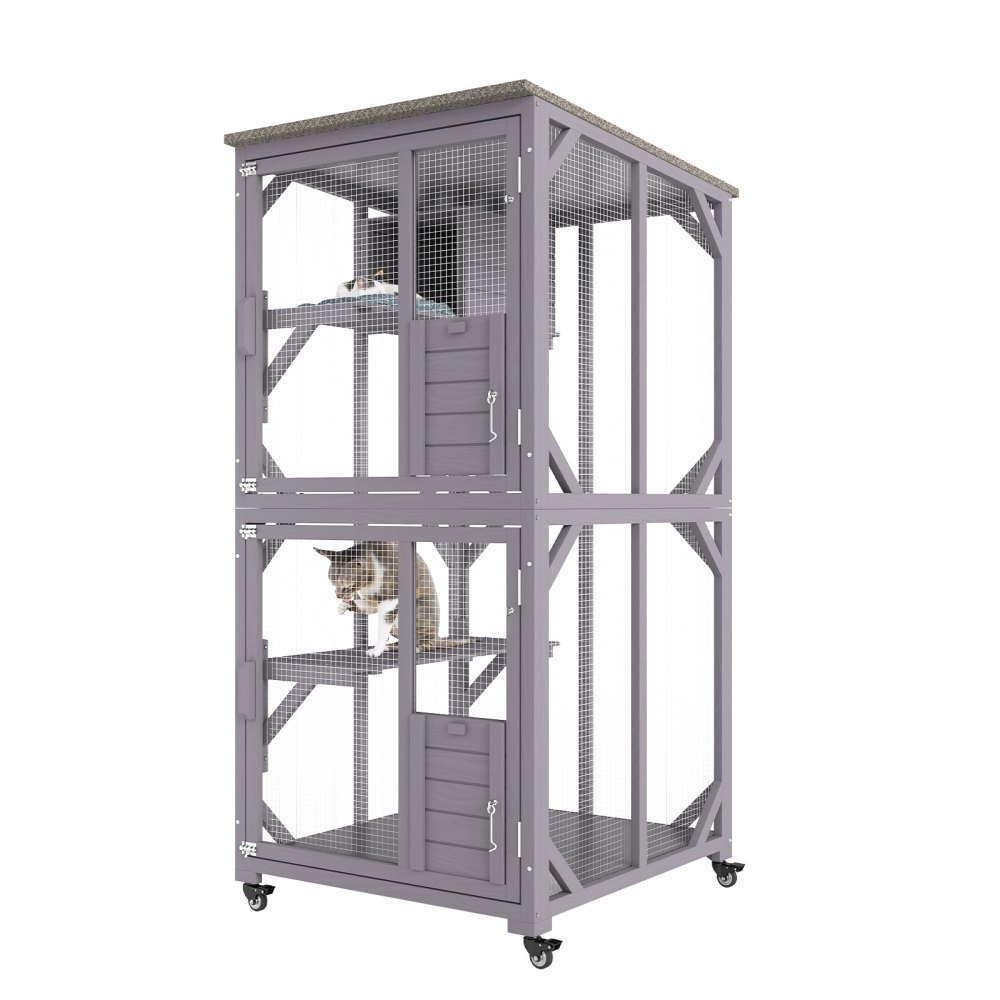 VEVOR Cat House Outdoor, 3-Tier Large Catio, Cat Enclosure with 360° Rotating Casters, 2 Platforms, A Resting Box and Large Front Door, 29.9 x 34 x 64.1 inch - MBSDXWHS365INNVXOV0