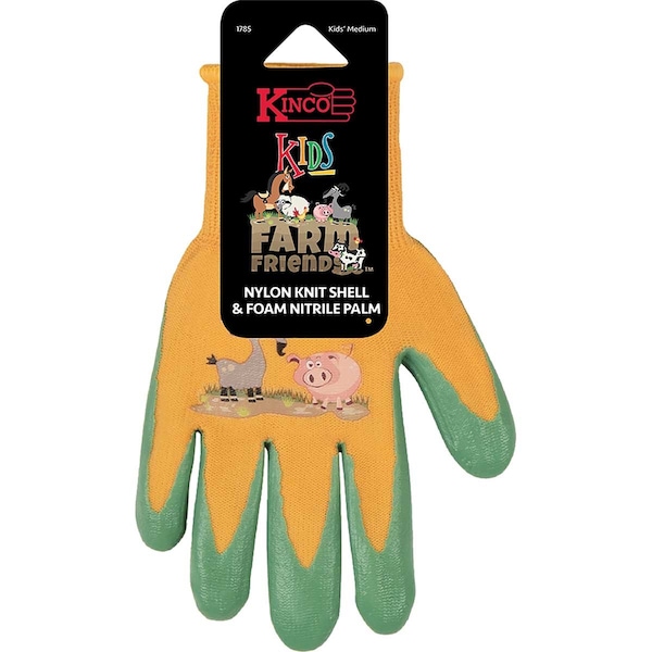 Kinco Guantes para niños de granja amigos con carcasa de punto de nailon y palma de espuma de nitrilo - 1785 ORG KS