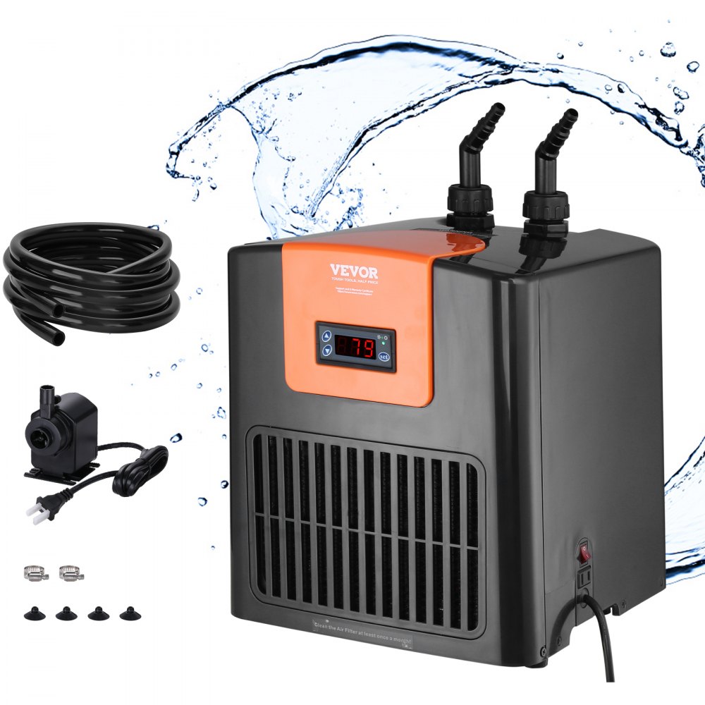VEVOR Aquarium Chiller, 52 Gal 196 L, 1/10 HP Hydroponic Water Chiller, Quiet Refrigeration Compressor for Seawater and Fresh Water, Fish Tank Cooling System with Pump/Hose, for Jellyfish, Coral Reef - HWQLQQJRQ01HPZC9FV1