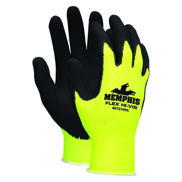 Guantes recubiertos de espuma de látex de alta visibilidad Mcr Safety, Cobertura en la palma, Amarillos, Talla S, Par - 96731HVS